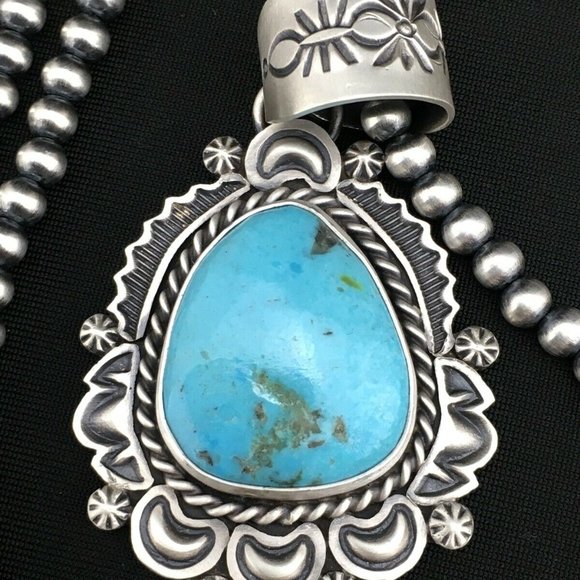 Navajo Sterling Silver Blue Necklace Pendant Ln 20 - Picture 8 of 12